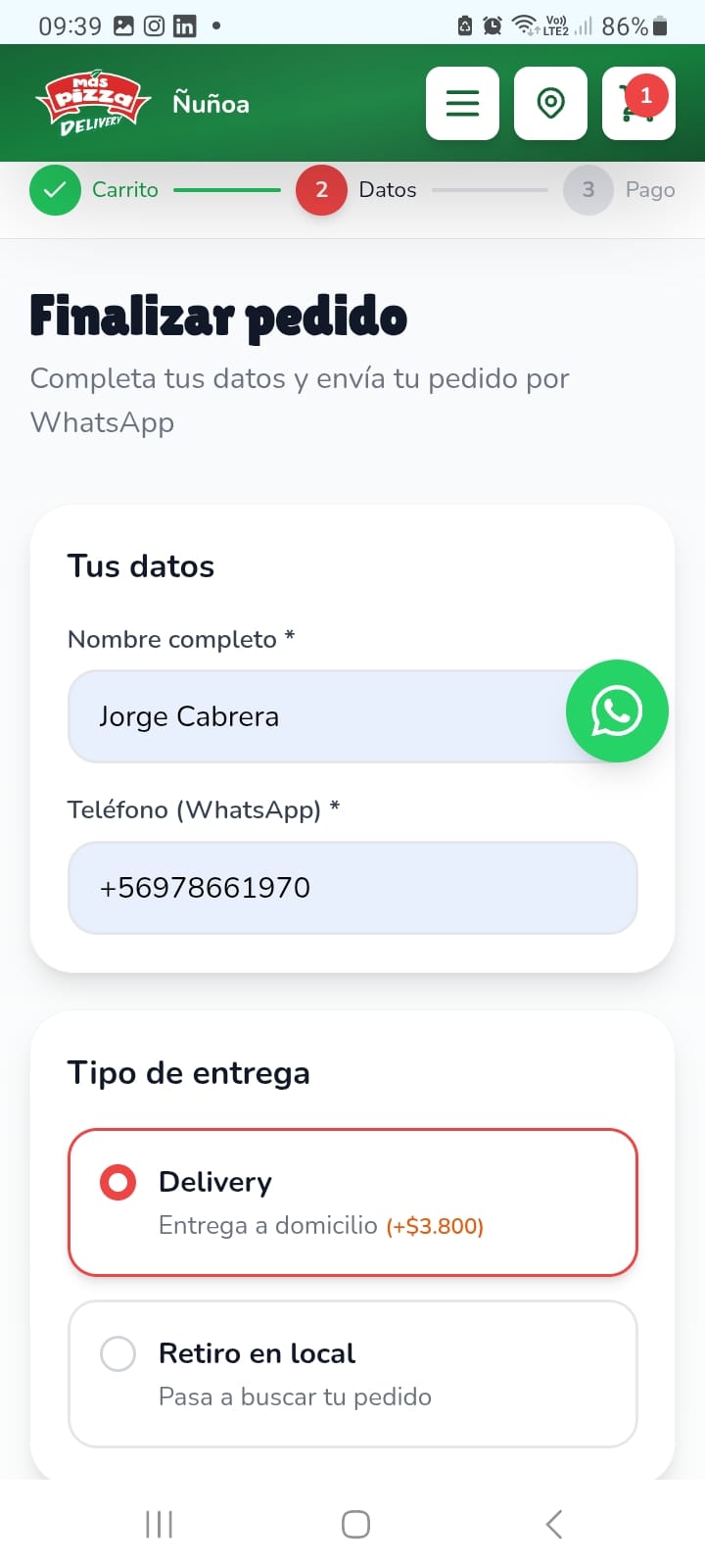 Formulario de checkout con datos del cliente
