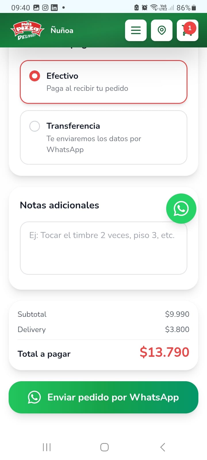 Mensaje estructurado enviado por WhatsApp