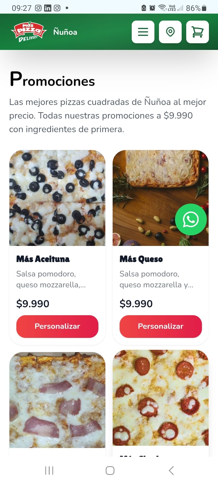 Menú digital de pizzas Más Pizza mostrando selección de productos